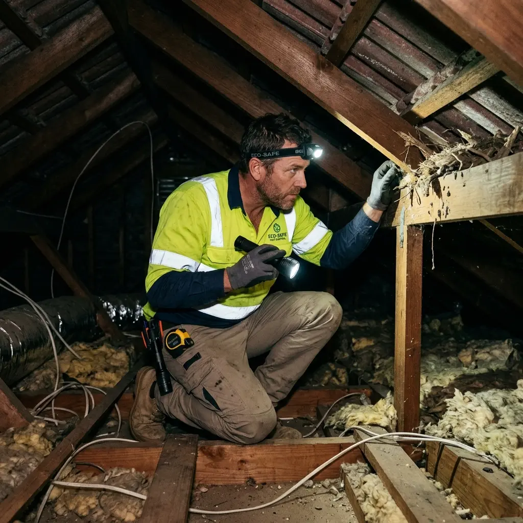 Technician inspecting a roof cavity for a dead animal in Albanvale