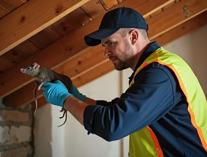 Technician inspecting a roof cavity for a dead rat in Albanvale